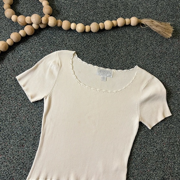 Vintage Silk Cotton Blend Ribbed Pointelle Lace Scoop Neck Short-Sleeve Sweater - Picture 1 of 16